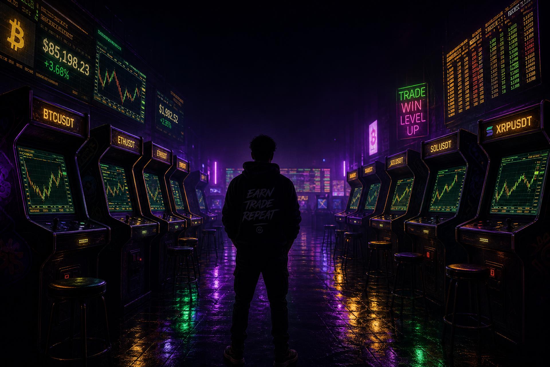 Neon trading arcade with candlestick chart cabinets
