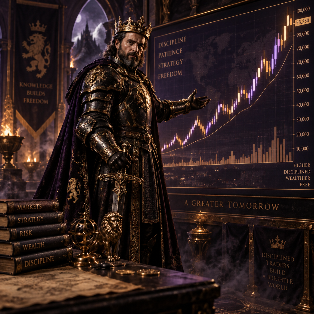 The King mentor teaches trading beside a candlestick chart