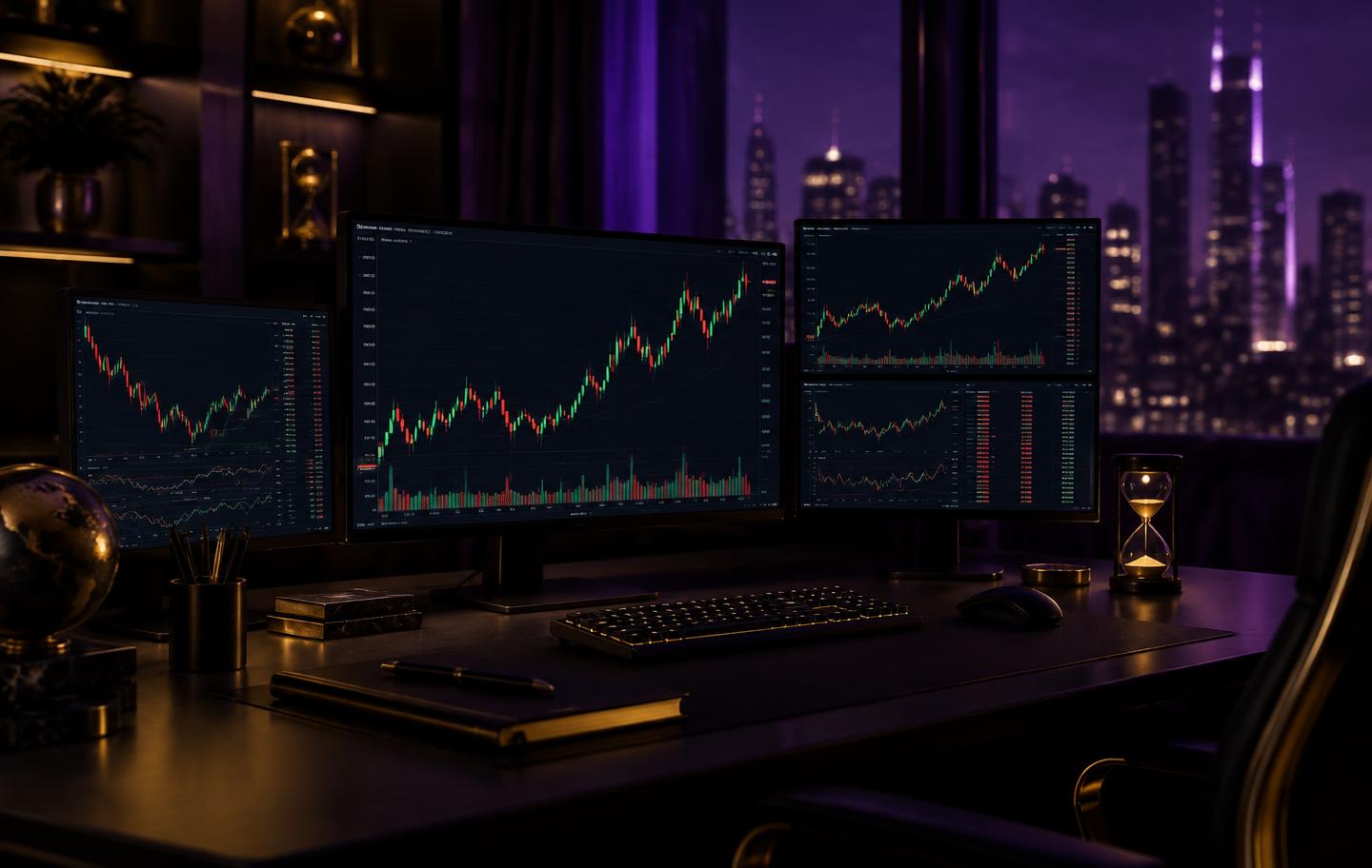 A dark professional trading desk with candlestick charts on three monitors